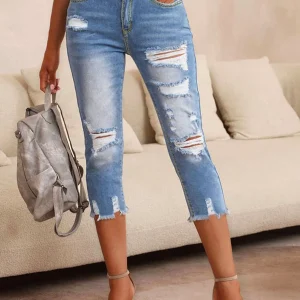 Women Fashion Casual Ripped Capri Jeans Slim-Fit Stretchy Jeans Classic Raw Hem Denim Calf-Length Pants