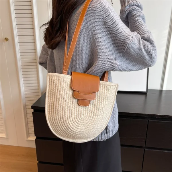 Large Capacity Beach Shopping Bag Luxury Design Woven Shoulder Bag Women Handmade Cotton Thread Woven Handbag Summer Travel Bag - Image 3