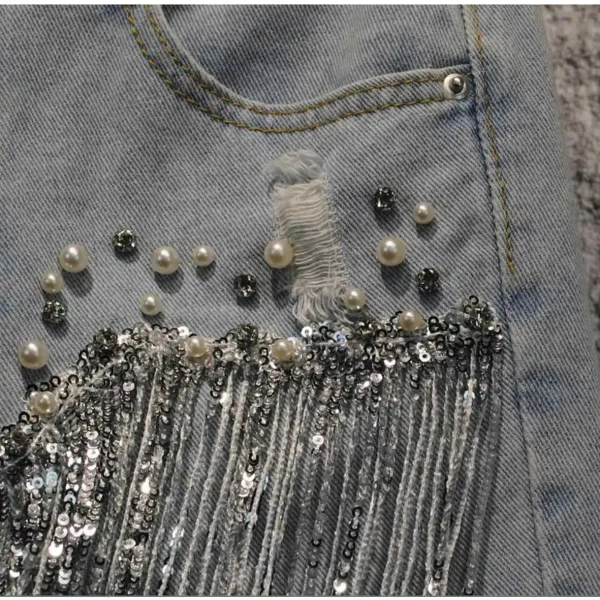 Women Sequined Fringe Denim Shorts Summer Rhinestone Pearl Beading Short Jeans Casual Fashion High Waist Female A-line Shorts - Image 4