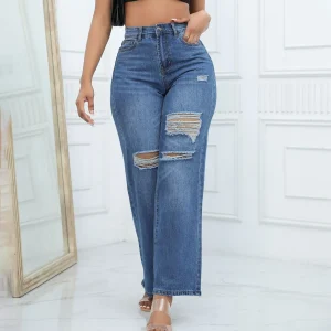 Women'S Ripped Boyfriend Jeans Draping Straight Leg Jeans Ladies Stretch Hole Denim Trousers Button Pocket High Rise Pant