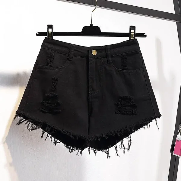 Large Size Denim With Ruffled Shorts Women's Summer High Waisted Loose Hole Wide Leg Student A-line Hot Pants Basic Short Jeans - Image 3