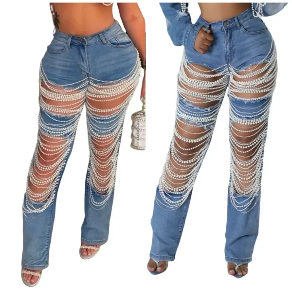 Jeans Women Long Pants Denim Pant Hole Pearl Slim Mom Blue Sexy Y2k Streetwear Casual Elegant Button Pocket Trousers Summer - Image 3