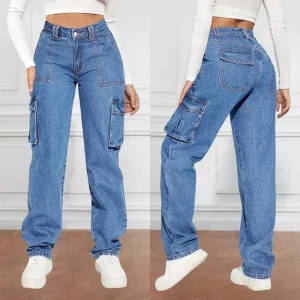 American Retro Mid-waist Multi-pocket Cargo Pants Jeans, Women's Casual Loose Straight Long Pants, Patchwork Jeans,Spring Autumn