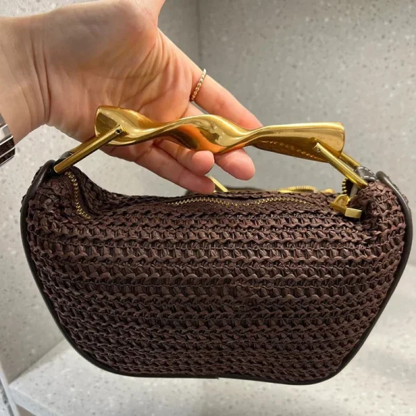 Summer Rattan Woven Crossbody Shoulder Bag,Half-Moon Beach Straw Tote Bag,Women Designer Purse,Casual Metal Handle Straw Handbag - Image 6