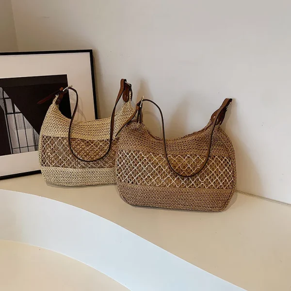 Large Capacity Summer Straw Weaving Shoulder Bag Women's Handmade Crochet Beach Handbag Woven Hollow out Underarm Knitting Bag - Image 3