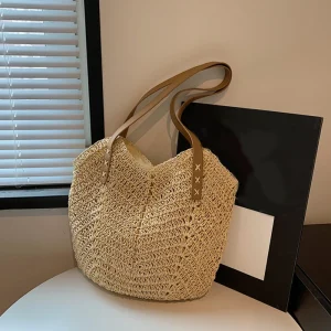 Handmade Fashion Straw Shoulder Bag for Women with Bow Scarf Travel Beach Handbag Girls Shopping Pack Feminine Style