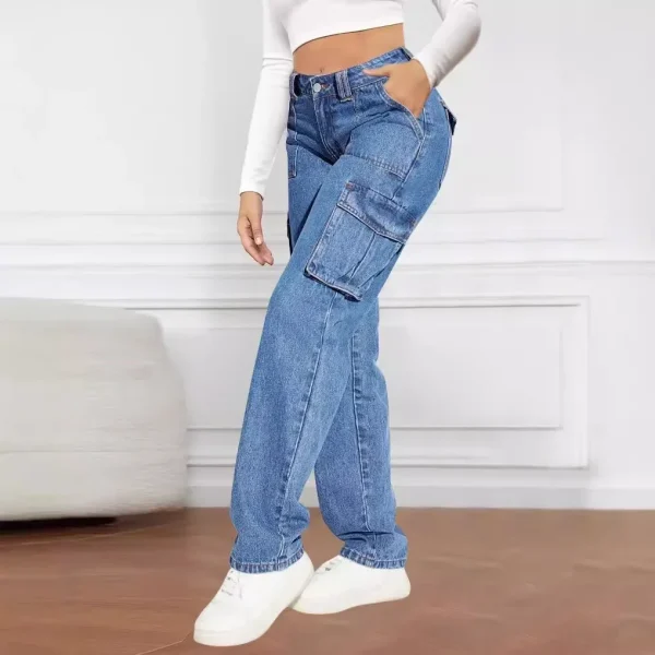 American Retro Mid-waist Multi-pocket Cargo Pants Jeans, Women's Casual Loose Straight Long Pants, Patchwork Jeans,Spring Autumn - Image 3
