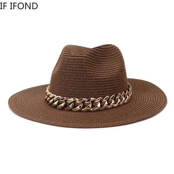Fashion Gold Chain Belt Panama Straw Hats For Women Summer Breathable Beach Sun Hats Elegant Ladies Party Jazz Hat - Image 3