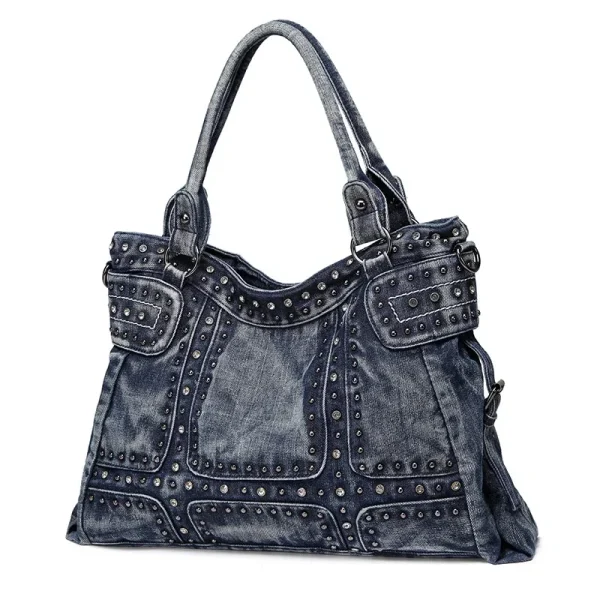 Jeans Bags for Women Hand Bag Large Capacity Retro Denim Tote Bag with Rivet Decoration Crossbody Shoulder Bag - Image 2