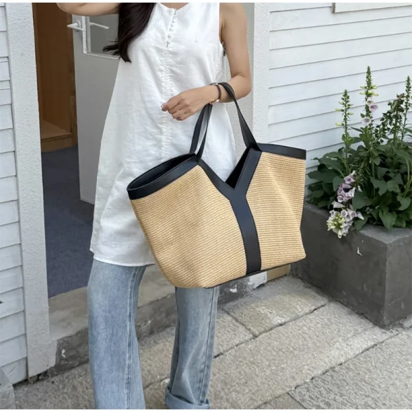 Brand Luxury Designer New Y-shaped Straw Tote Bag Large Capacity Shopping Bag Beach Bag Shoulder Underarm Bag Woven Women's Bag - Image 4