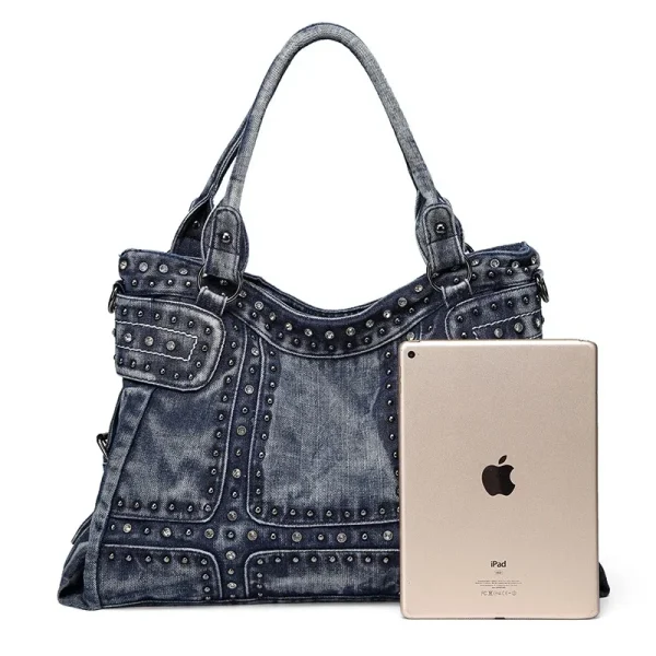 Jeans Bags for Women Hand Bag Large Capacity Retro Denim Tote Bag with Rivet Decoration Crossbody Shoulder Bag - Image 3