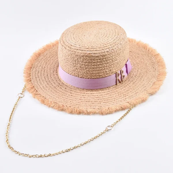 Natural Raffia Straw Hats for Women Fashionable Metal RB Letter Sun Hat Outdoor Holidays Beach Sun Protection Hat