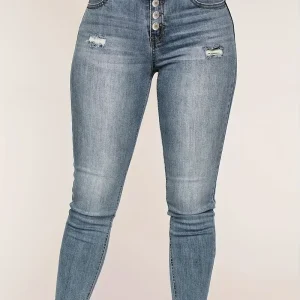 Women's Chic Ripped Pocket Jeans, Single Breasted Button Open and Close, Skinny Stretchy Denim Pants - Solid Color