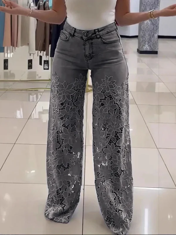 Plus Size Women's Stretch Denim Jeans With Cut-Out Lace Splicing Summer New High Waist Wide Pants Elegant Female Chic Trousers - Image 5