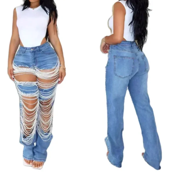 Jeans Women Long Pants Denim Pant Hole Pearl Slim Mom Blue Sexy Y2k Streetwear Casual Elegant Button Pocket Trousers Summer