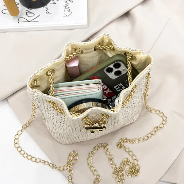 Beige Khaki Straw Weave Bucket Bag Fashion Metal Gold Color Chain Shoulder Messenger Bag For Women Summer Beach Bag bolso mujer - Image 3