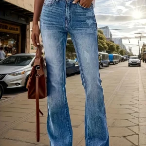 Women's Ripped Stretch Flared Jeans, Retro Street Style, Comfortable Casual Jeans, Machine Washable, with Pockets, Suitable for Everyday Wear