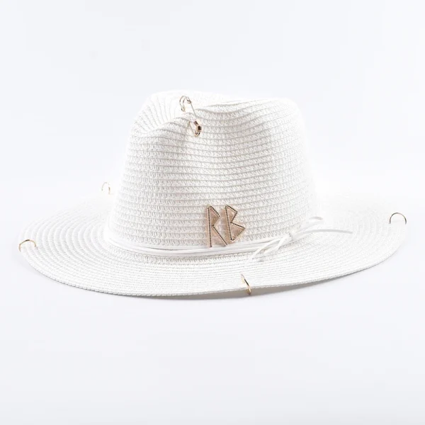 Fashionable Metal RB Letter Straw Hats for Women Men Summer Panaman Jazz Hat Outdoor Holidays Beach Sun Hat - Image 4