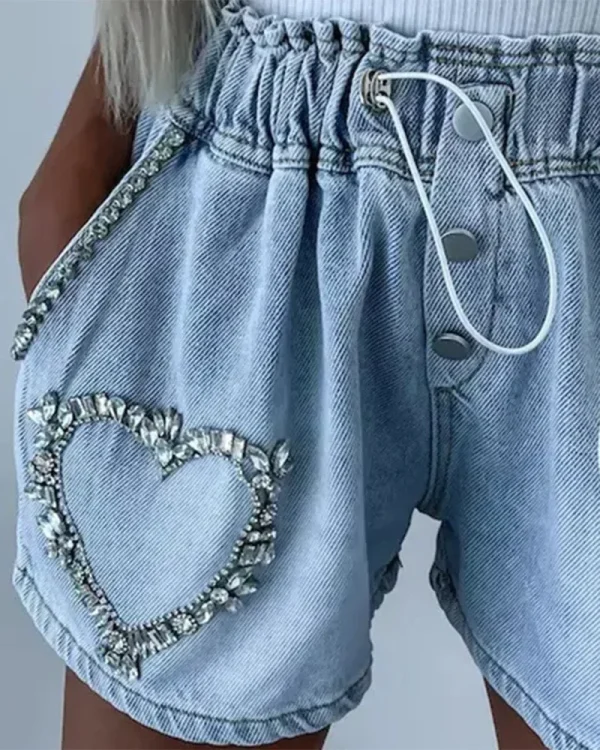 Rhinestone Heart Pattern Drawstring Denim Shorts Women Fashion Spring Summer Jeans Shorts Pants - Image 3
