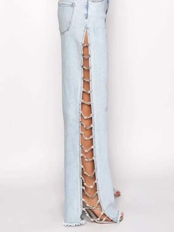 Sexy hole rhinestone denim pants women fashion baggy pants hotwife streetwear high waist wide leg jeans woman clothing trousers - Image 4