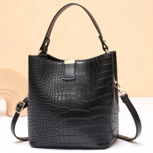 Retro crocodile pattern bucket bag for women, PU leather shoulder bag, large capacity handbag, luxurious high-end women's wallet