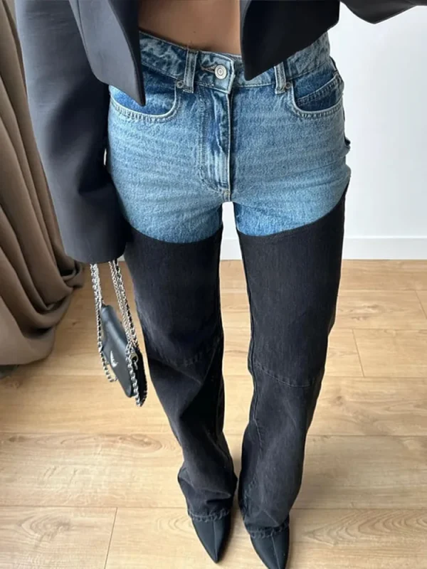 Trendy Women's High Waist Straight Leg Denim Jeans Pant Blue Black Patchwork Comfortable Fit Casual Daily Streetwear Trousers - Image 4