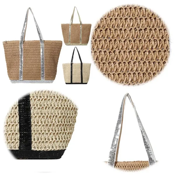 Women Straw Tote Handbag Large Capacity Sequins Simple Shoulder Bag Contrast Color Minimalist Tote Bag Ladies Summer Daily Bag