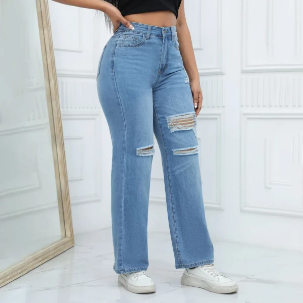 Women'S Ripped Boyfriend Jeans Draping Straight Leg Jeans Ladies Stretch Hole Denim Trousers Button Pocket High Rise Pant - Image 4