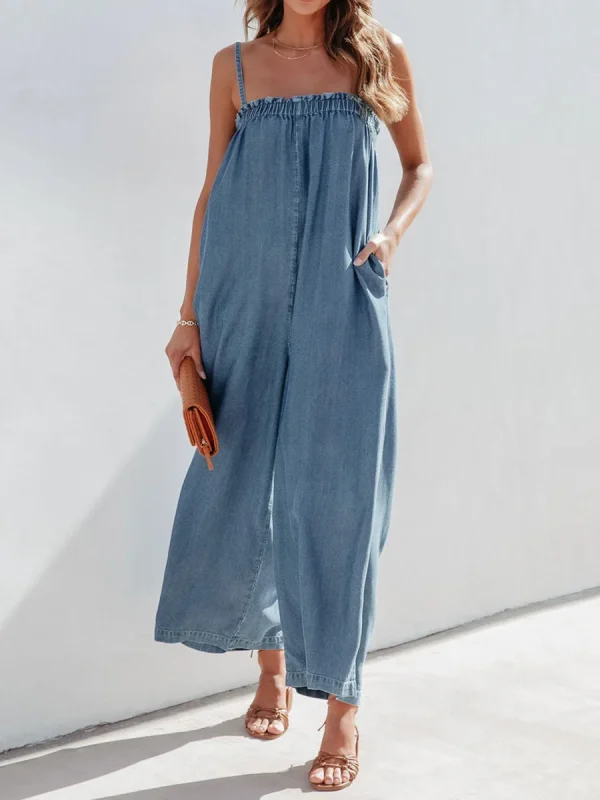 Women Casual Blue Denim One Pieces Jumpsuit Summer Loose Wide Leg Pants Bib Overalls Fashion Pocket Sleeveless Strap Overalls - Image 3