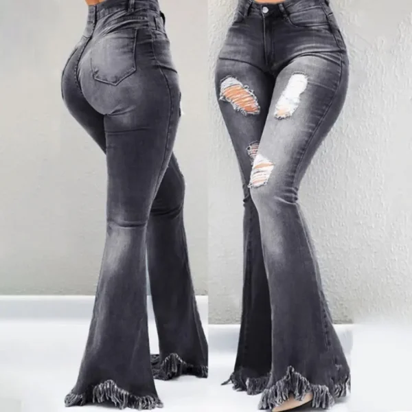 Full Length Denim Women Flared Pants High Waist Pockets Ripped Holes Bell Bottom Trousers Tassel Cuffs Denim Pants Women Jeans - Image 4