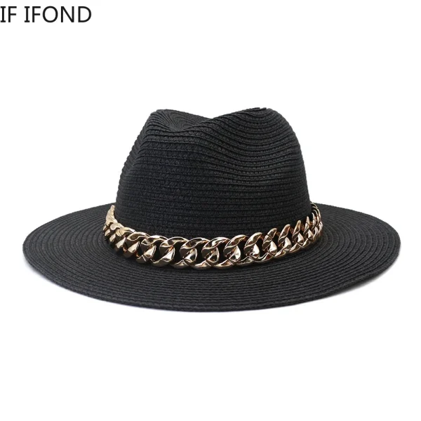 Fashion Gold Chain Belt Panama Straw Hats For Women Summer Breathable Beach Sun Hats Elegant Ladies Party Jazz Hat - Image 4