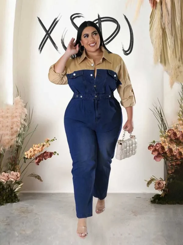 Winter Jeans Jumpsuit for Women Simple and Elegant Long Straight Jumpsuits Plus Size Clothing Female Denim Cotton Jumpsuit - Image 2