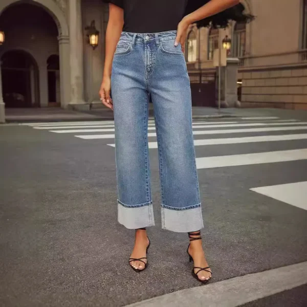 24 Autumn New Women Jeans Crop Straight Leg Jeans Curled Denim Jeans Nine-point Pants