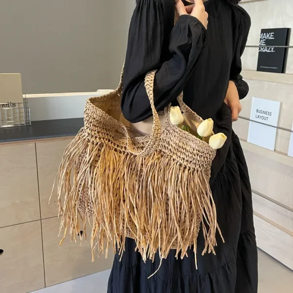 Casual Tassel Woven Women Shoulder Bags Handmade Fringe Lady Handbags Summer Beach Large Tote Bag Big Shopper Purse for Vacation - Image 4