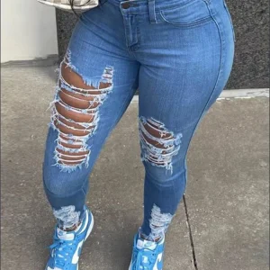 Women's Pocket Ripped Pants High Street Fashion Casual Autumn Solid Color Personalized jeans