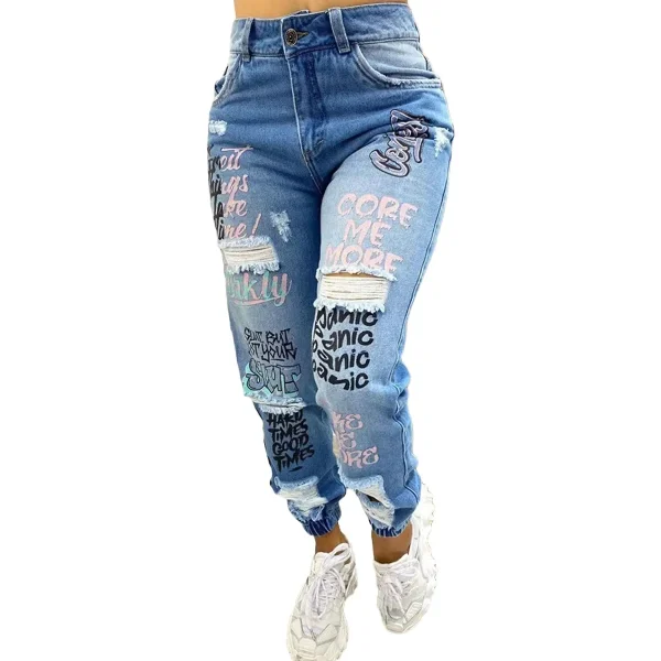 Jeans Women Fashion Stylish Monogrammed Slashed Marabou Chino Jeans Casual Length Trousers Plus Size Pants For Female 2025 - Image 4