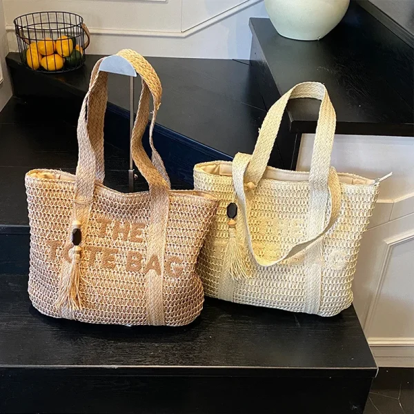 French style large capacity woven straw woven bag for women, new beach vacation shoulder bag, casual commuting tote bag - Image 2