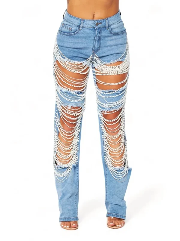 New women's fashionable pearl bead hollow tassel wide leg jeans chain bead straight leg pants ins Trousers street denim pants