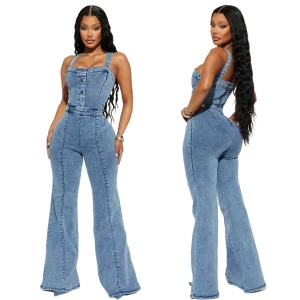 Women Jeans Rompers Sexy Overalls Jumpsuits Square Collar One Piece Solid Flare Pants Ankle Length Baics Spliced Button