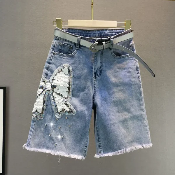 Sequin Denim Shorts Ladies 2025 Summer Short Jeans Women's High Waist Straight Casual BurrsShort Pants