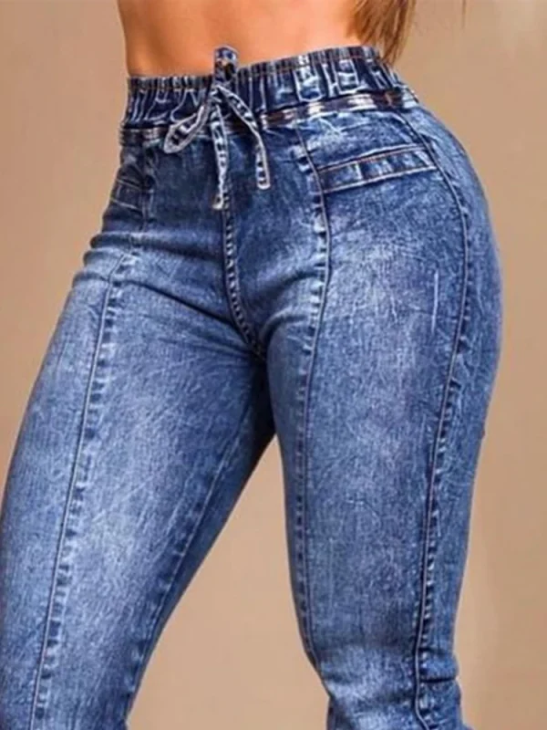Women Jeans Elastic Waist Solid Color Pencil Pants Pockets Streetwear Casual Slim Fit High Street Flat Zipper 2025 Autumn - Image 6