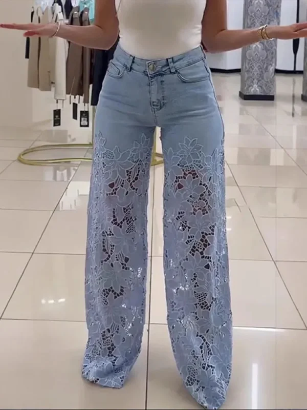 Plus Size Women's Stretch Denim Jeans With Cut-Out Lace Splicing Summer New High Waist Wide Pants Elegant Female Chic Trousers - Image 4