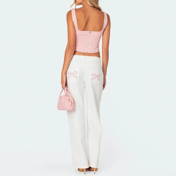 Women's Y2K Streetwear Aesthetic Jeans Low Waist Zipper Button Closure Loose Straight Long Trousers with Embroidery Bow Pockets - Image 6