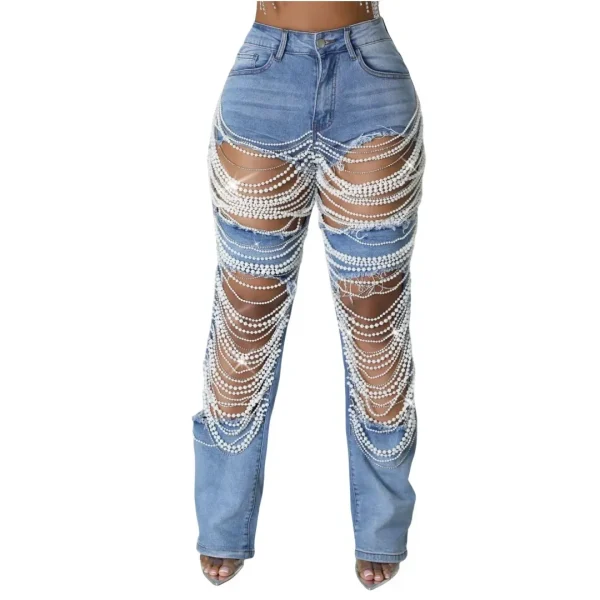 Jeans Women Long Pants Denim Pant Hole Pearl Slim Mom Blue Sexy Y2k Streetwear Casual Elegant Button Pocket Trousers Summer - Image 4