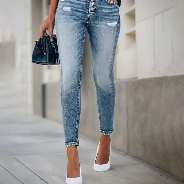 Ripped Hole Jeans Height Waist Elastic Women's Denim Pants Simple Casual Commuting Pencil Pants Fashion Streetwear Spring Summer