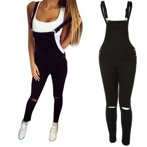 Women Denim Overalls Jeans Ankle Length Pencil Pants Pockets Holes Solid Distressed One Piece High Waist Casual Sexy Y2k Mom - Image 2