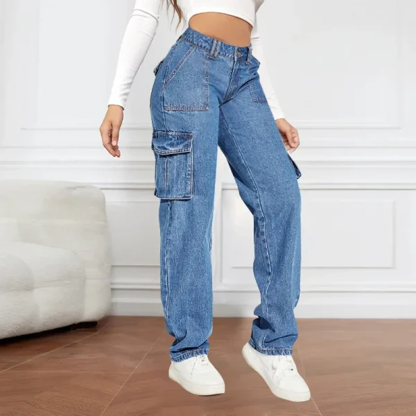 American Retro Mid-waist Multi-pocket Cargo Pants Jeans, Women's Casual Loose Straight Long Pants, Patchwork Jeans,Spring Autumn - Image 2