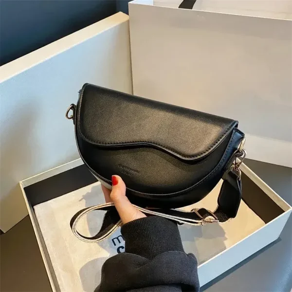 New PU Leather Wide Shoulder Strap Crossbody Bag Retro Ladies Solid Color Flap Small Saddle Shoulder Bag Fashion Underarm Bag - Image 3