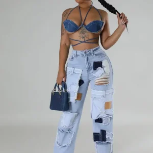 Women Streetwear Cargo Straight Denim Pocket Patchwork Wide Leg Jeans Pants 2025 Fall Fashion Ripped Out Party Trousers