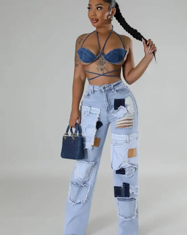 Women Streetwear Cargo Straight Denim Pocket Patchwork Wide Leg Jeans Pants 2025 Fall Fashion Ripped Out Party Trousers